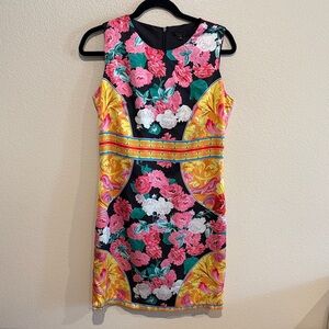Floral Print Silk Sleeveless Sheath Dress in Black and Yellow